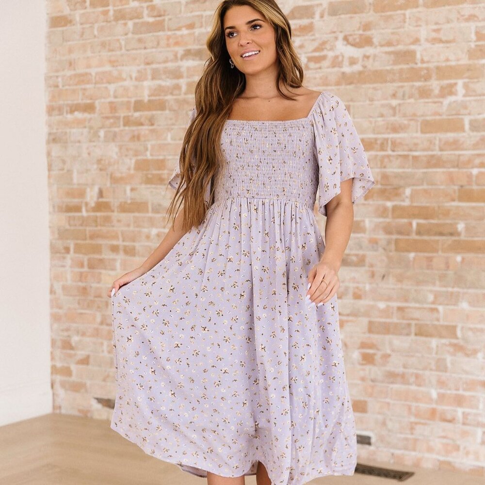 Lilac Purple Floral Summer Dress with Butterfly Sleeves